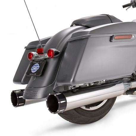 S&S Cycle - Mk45 Slip-On Mufflers Chrome with Highlight Machined Black Tracer End Caps - 4.5" for 2017-'19 M8 Touring Models