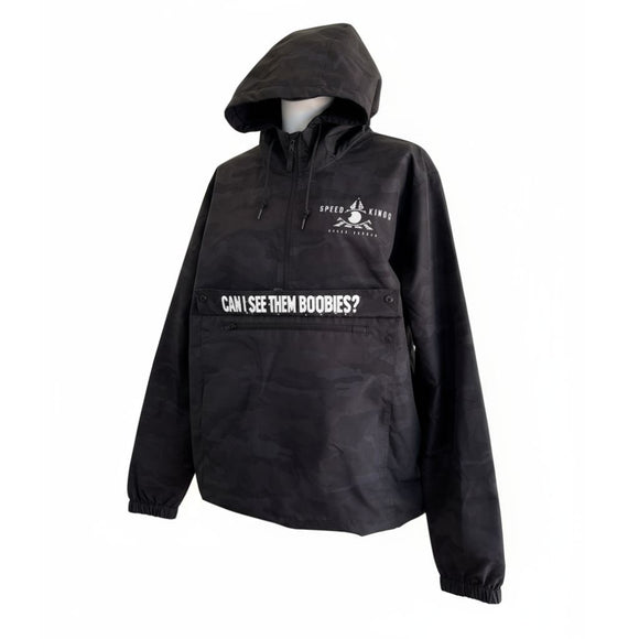 Black Camo Waterproof Hooded Windbreaker for Motorcycle Riders by Speed Kings Cycle