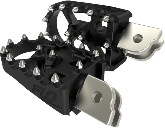 Black Flo Motorsports MX style motorcycle foot pegs with replaceable cleats