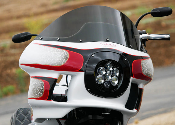 RWD V-Twin LP6 LED light kit installed in FXR motorcycle batwing fairing