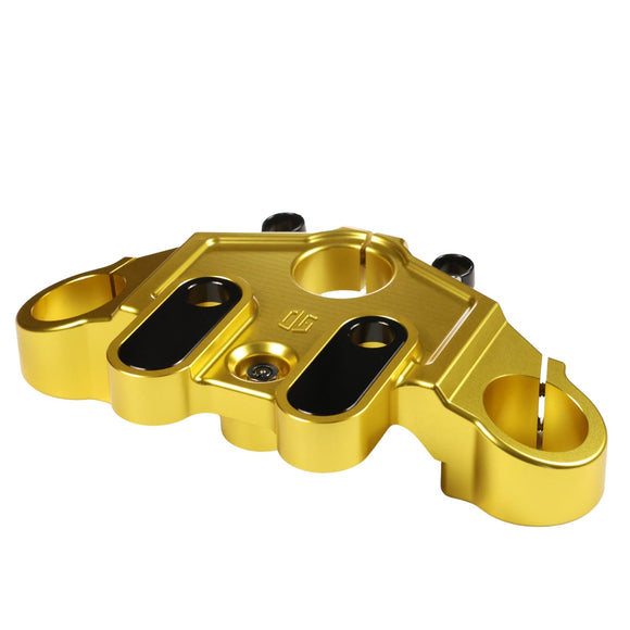 Gold anodized Drop 1 top triple tree clamp for 2014–2023 touring motorcycles