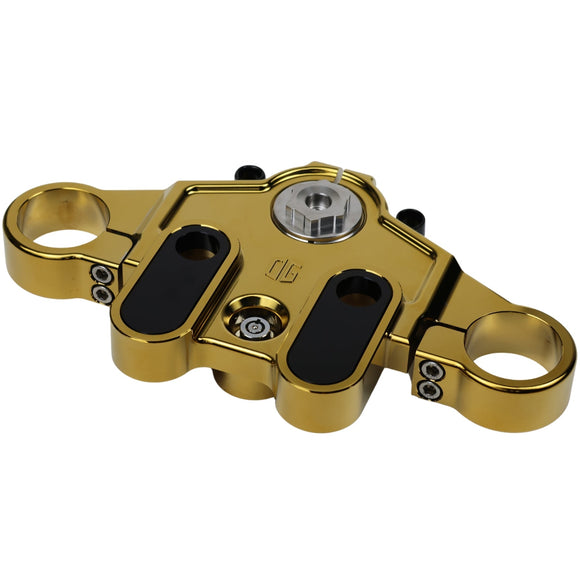 Gold-plated upper triple tree clamp for touring motorcycles