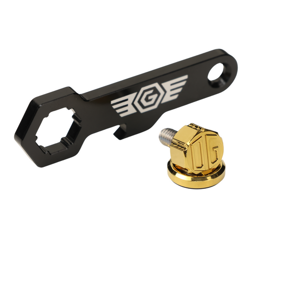 OG gold-plated billet motorcycle seat screw with black multi-tool