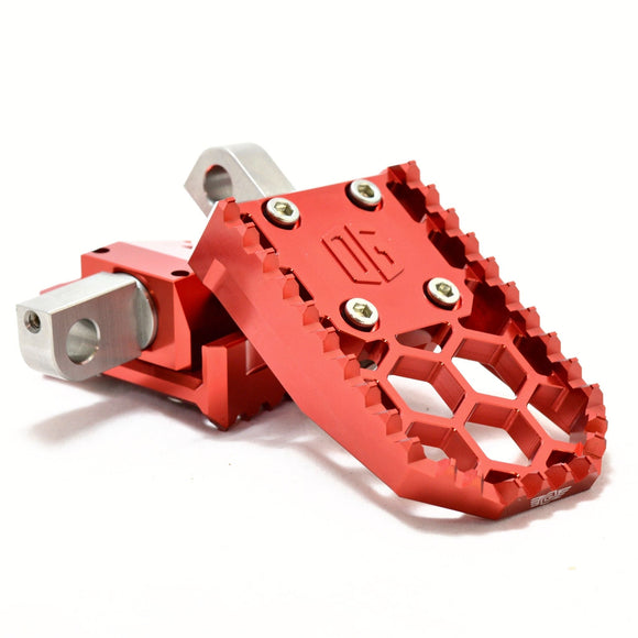 OG HoneyComp V3 red anodized aluminum motorcycle foot pegs with honeycomb cutouts
