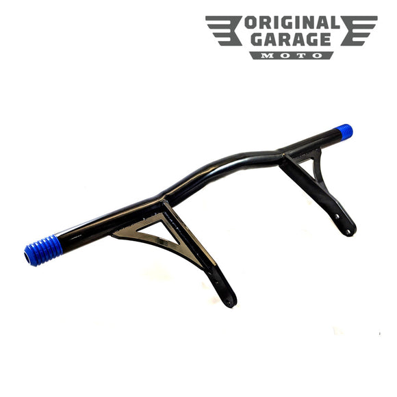 Original Garage Moto black highway peg crash bar with blue threaded ends for Harley Dyna/FXR
