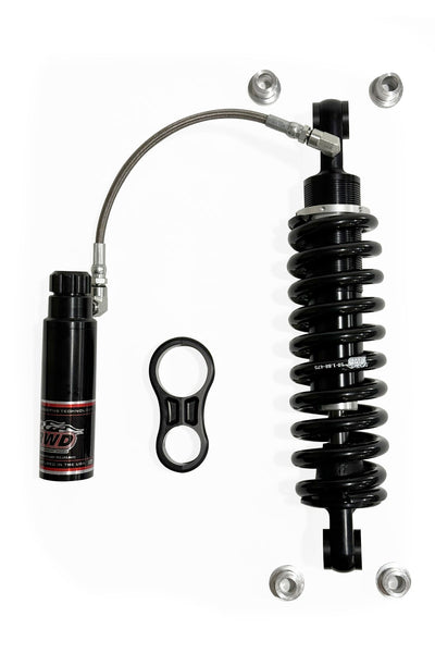 RWD V-Twin RS-2 13.5" rear monoshock shock absorber for 2018+ Harley-Davidson Softail with remote reservoir, braided hose, black anodized body and preload-adjustable Eibach spring