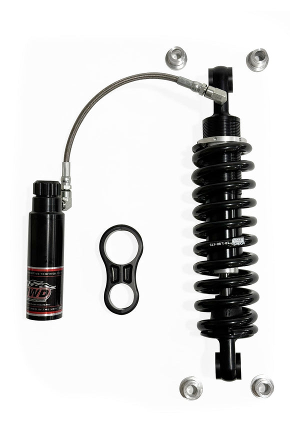 RWD V-Twin RS-2 13.5" rear monoshock shock absorber for 2018+ Harley-Davidson Softail with remote reservoir, braided hose, black anodized body and preload-adjustable Eibach spring