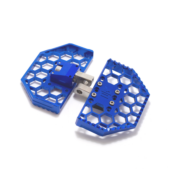 Blue V3 mini anodized aluminum floorboards for Harley‑Davidson motorcycles with honeycomb cutouts