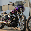 Custom black cruiser motorcycle with purple flame fairing and smoked windshield