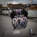 Black cruiser motorcycle tank with purple flame graphics and purple handlebar riser