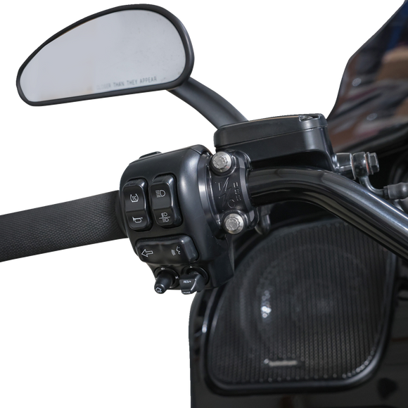 Thrashin Supply Co. Speedway Perch Clamp in black, CNC-machined 6061-T6 aluminum with ball-end detail for 1-inch Harley-Davidson bars