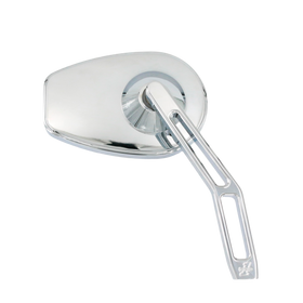 Chrome motorcycle side mirror with rounded rectangular mirror head and slotted billet arm