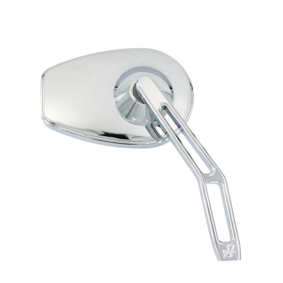Chrome motorcycle side mirror with rounded rectangular mirror head and slotted billet arm