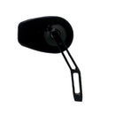 Black motorcycle mirror with oval head and skeletonized slotted arm on white background