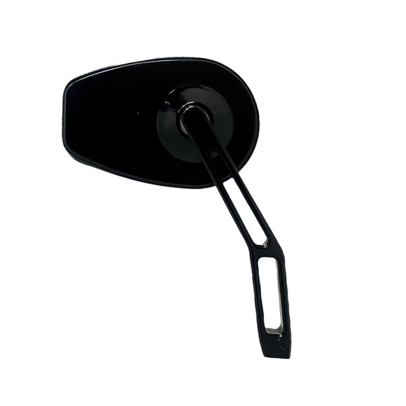 Black motorcycle mirror with oval head and skeletonized slotted arm on white background
