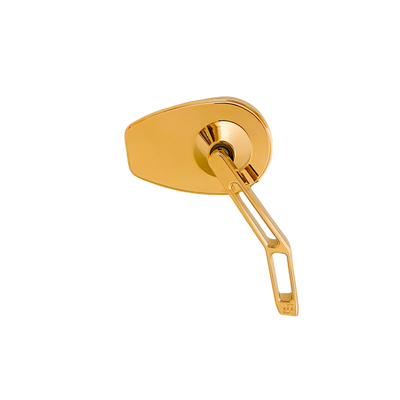 Gold anodized motorcycle side mirror with teardrop head and skeletonized adjustable arm
