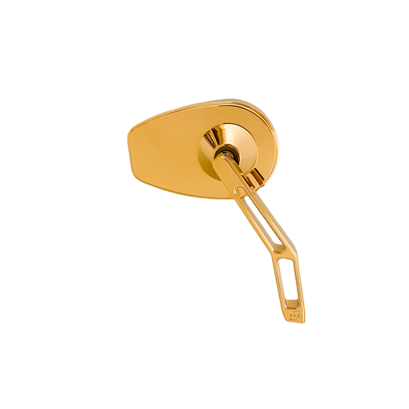 Gold anodized motorcycle side mirror with teardrop head and skeletonized adjustable arm