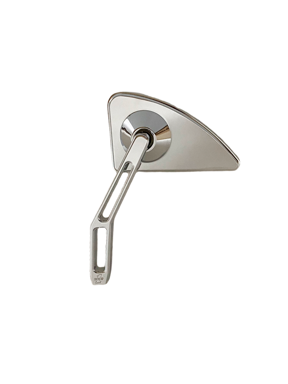 Polished chrome triangular motorcycle side mirror with slotted arm