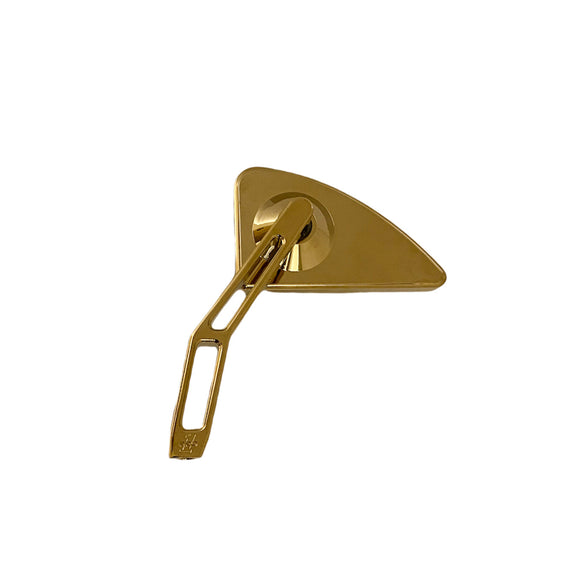 Polished gold triangular motorcycle side mirror with slotted mounting arm on white background