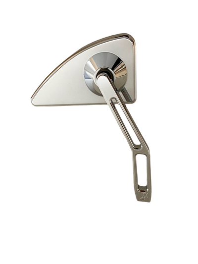 Pro-One Performance chrome billet motorcycle mirror — Mini Tear Drop head with V2 cut-out stem, right side (Part #102130)