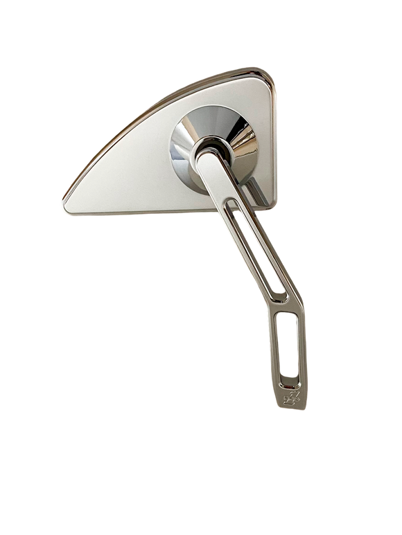 Pro-One Performance chrome billet motorcycle mirror — Mini Tear Drop head with V2 cut-out stem, right side (Part #102130)