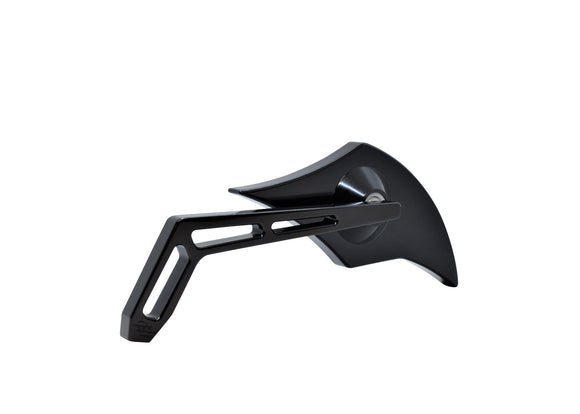 Left-side black motorcycle bar-end mirror with cutout stem and flame-shaped head
