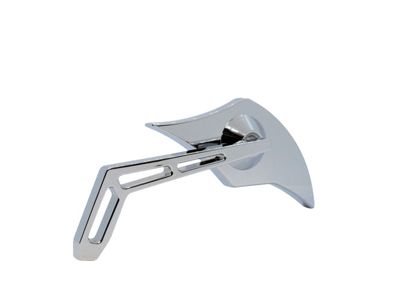 Left chrome motorcycle mirror with flame-shaped head and slotted cutout stem