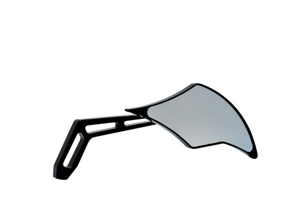 Right-side black motorcycle mirror with cutout stem and flame-shaped head