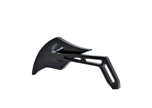 Pro-One Performance black billet aluminum motorcycle mirror, Weekend Warrior cut-out stem with large flame head, right-side view