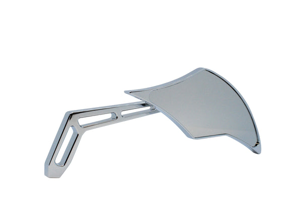 Chrome right-side motorcycle mirror with cutout stem and flame-shaped head