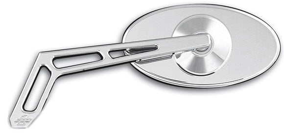 Chrome oval motorcycle side mirror with skeletonized angled arm and elongated cutouts
