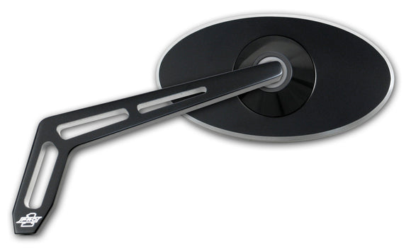 Black oval motorcycle side mirror with long slotted metal arm