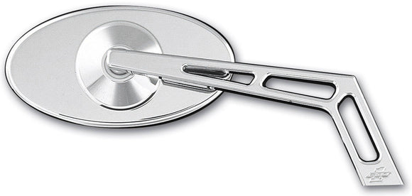 Chrome oval motorcycle side mirror with skeletonized slotted arm
