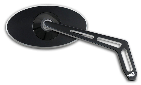 Black oval motorcycle rearview mirror with slotted machined aluminum arm