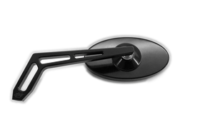 Black oval motorcycle rearview mirror with silver slotted angled arm