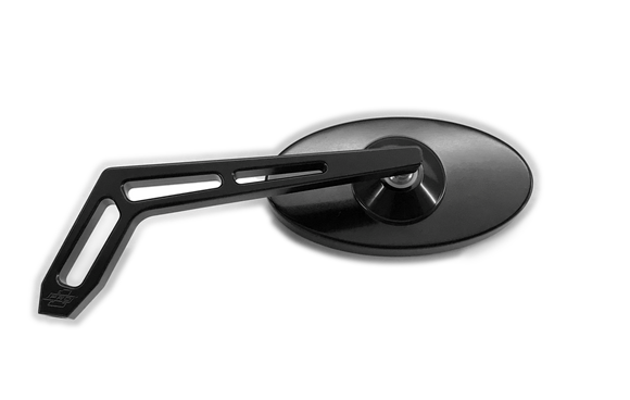 Black oval motorcycle rearview mirror with silver slotted angled arm