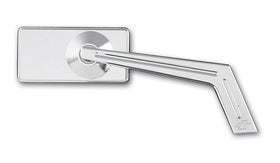 Polished chrome rectangular motorcycle mirror with angled arm on white background