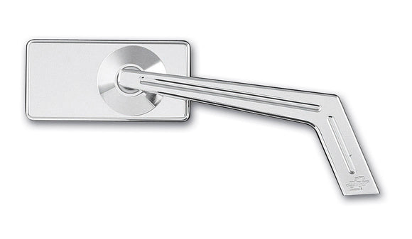 Polished chrome rectangular motorcycle mirror with angled arm on white background