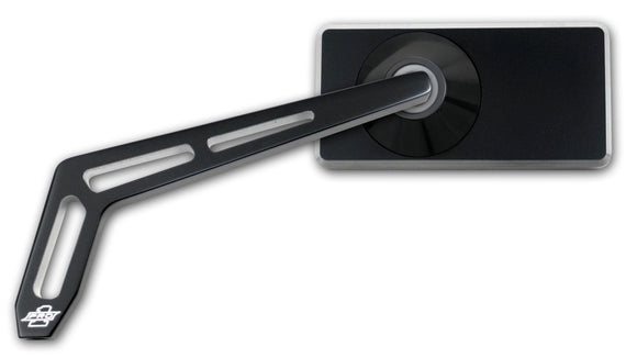 Pro-One Performance billet aluminum motorcycle mirror, Weekend Warrior chrome stem with black two-tone rectangular head (4×2 in) and slotted billet arm