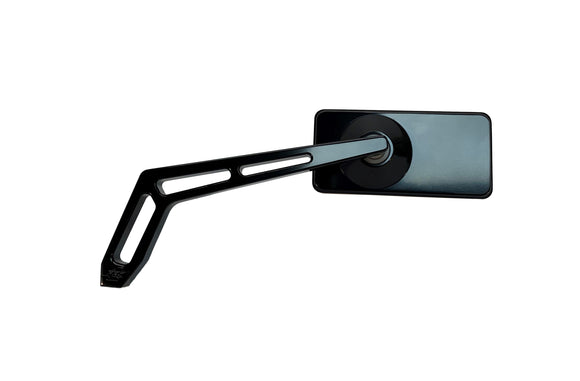 Black rectangular motorcycle mirror with long slotted CNC-style arm