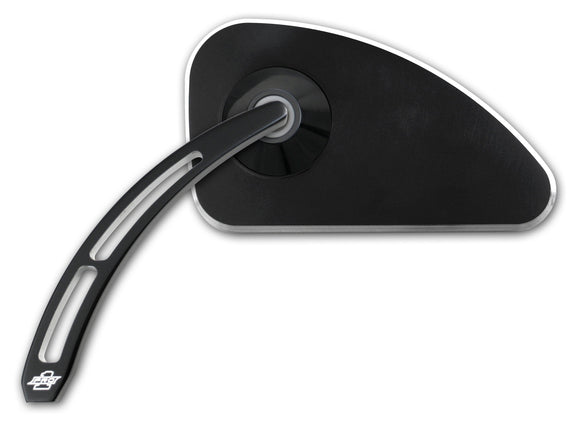 Pro-One Performance billet motorcycle mirror #102510B left, smooth black teardrop head with cut-out teardrop stem