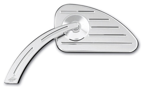 Chrome Pro-One billet teardrop motorcycle mirror with ball-milled horizontal grooves and teardrop stem