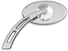 Chrome Pro-Street billet aluminum motorcycle mirror with smooth oval head and teardrop cut-out stem (left, part #102590)
