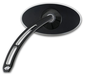 Left black premium billet aluminum motorcycle mirror, Pro-Street smooth oval head with teardrop cut-out stem (Part #102590B)