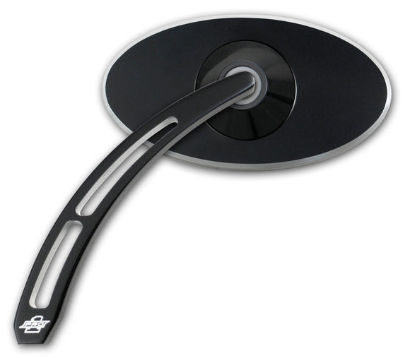 Left black premium billet aluminum motorcycle mirror, Pro-Street smooth oval head with teardrop cut-out stem (Part #102590B)