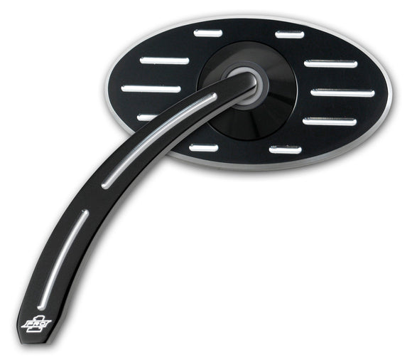 Black Pro-Street oval billet motorcycle mirror pair with teardrop ball-milled stems and chrome accents (#102610B/#102620B)