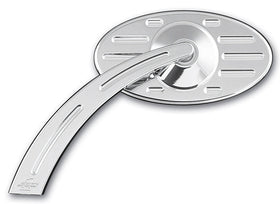 Chrome Pro-Street oval billet motorcycle mirror with ball-milled head and teardrop cut-out stem, Part #102610 (Left)