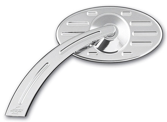 Chrome Pro-Street oval billet motorcycle mirror with ball-milled head and teardrop cut-out stem, Part #102610 (Left)