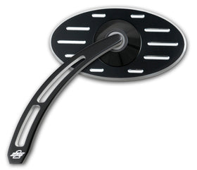 Pro-Street black billet aluminum motorcycle mirror with oval ball-milled head and teardrop cut-out stem, part #102630B/#102640B
