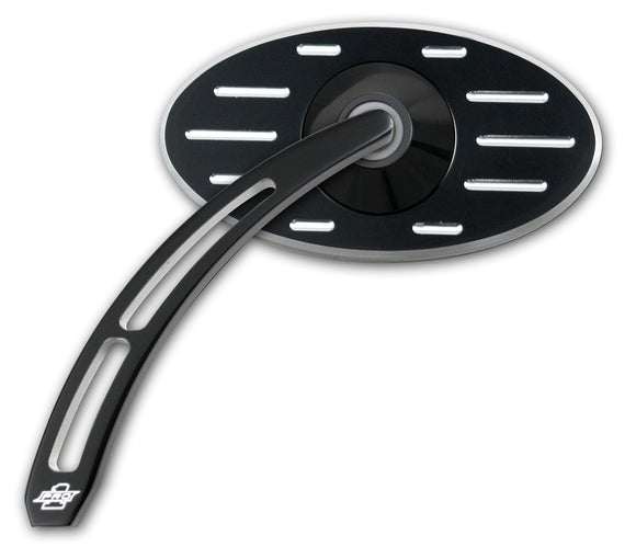Pro-Street black billet aluminum motorcycle mirror with oval ball-milled head and teardrop cut-out stem, part #102630B/#102640B